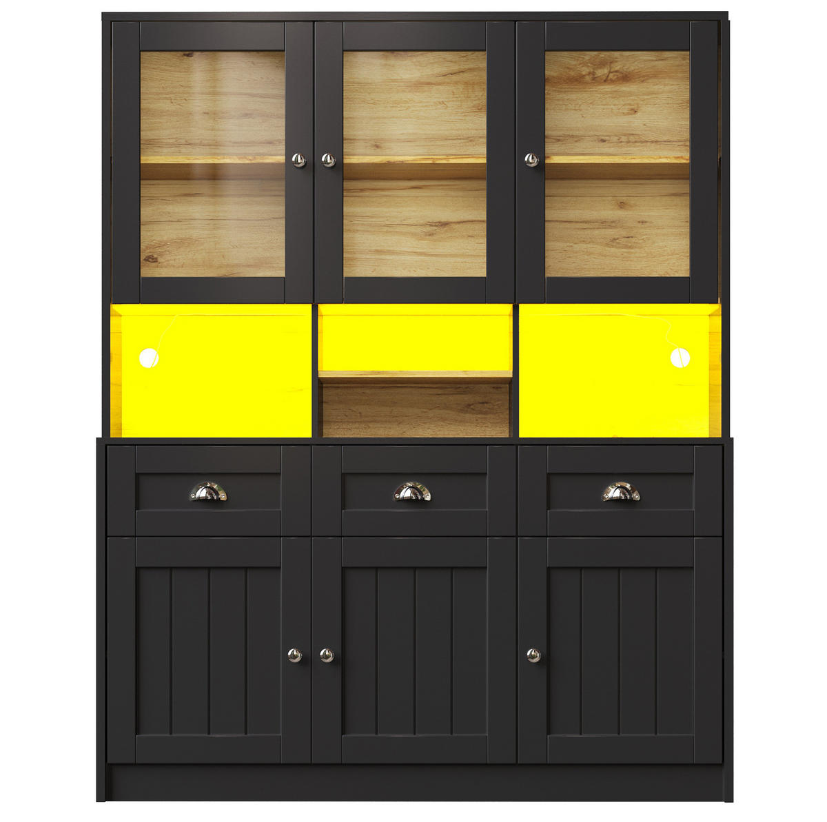 BUFFET 140/40/175 cm in Schwarz mit LED-Beleuchtung und verstellbaren Böden - Schwarz, Holzwerkstoff (140/175/40cm) - Flora Grace
