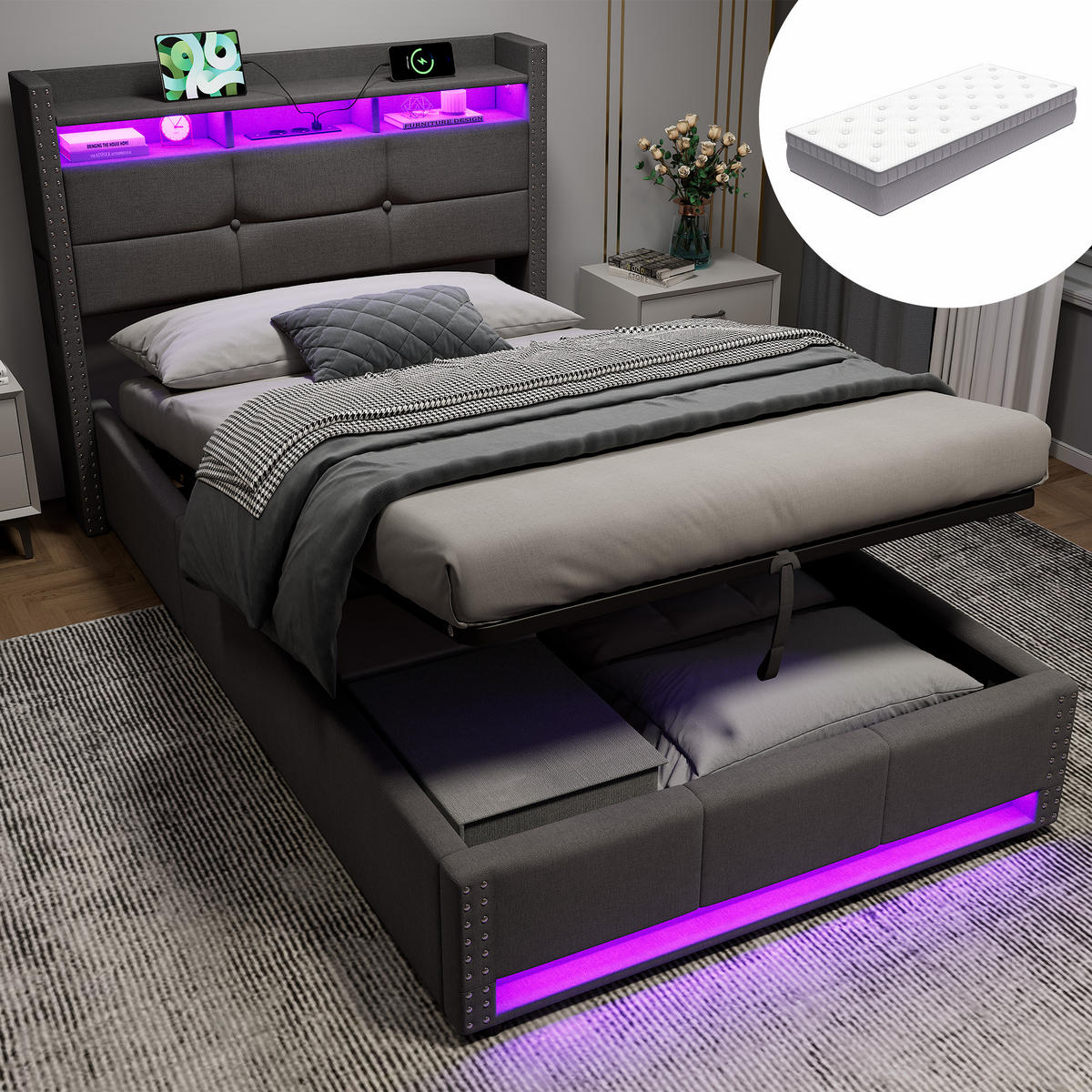 ČALOUNĚNÁ POSTEL 90 × 200 cm s matrací, úložným prostorem, LED a USB, šedá, lněný potah - šedá, kov/kompozitní dřevo (90/200cm) - STILVORA