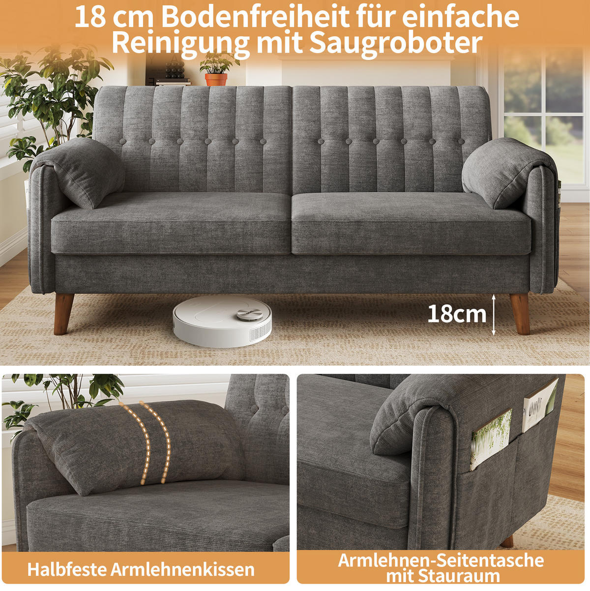 SOFA 161,5/79/83,5 cm in Hellgrau mit Chenillebezug und Seitentaschen - Hellgrau, Textil (79/83.5/161.5cm) - Flora Grace