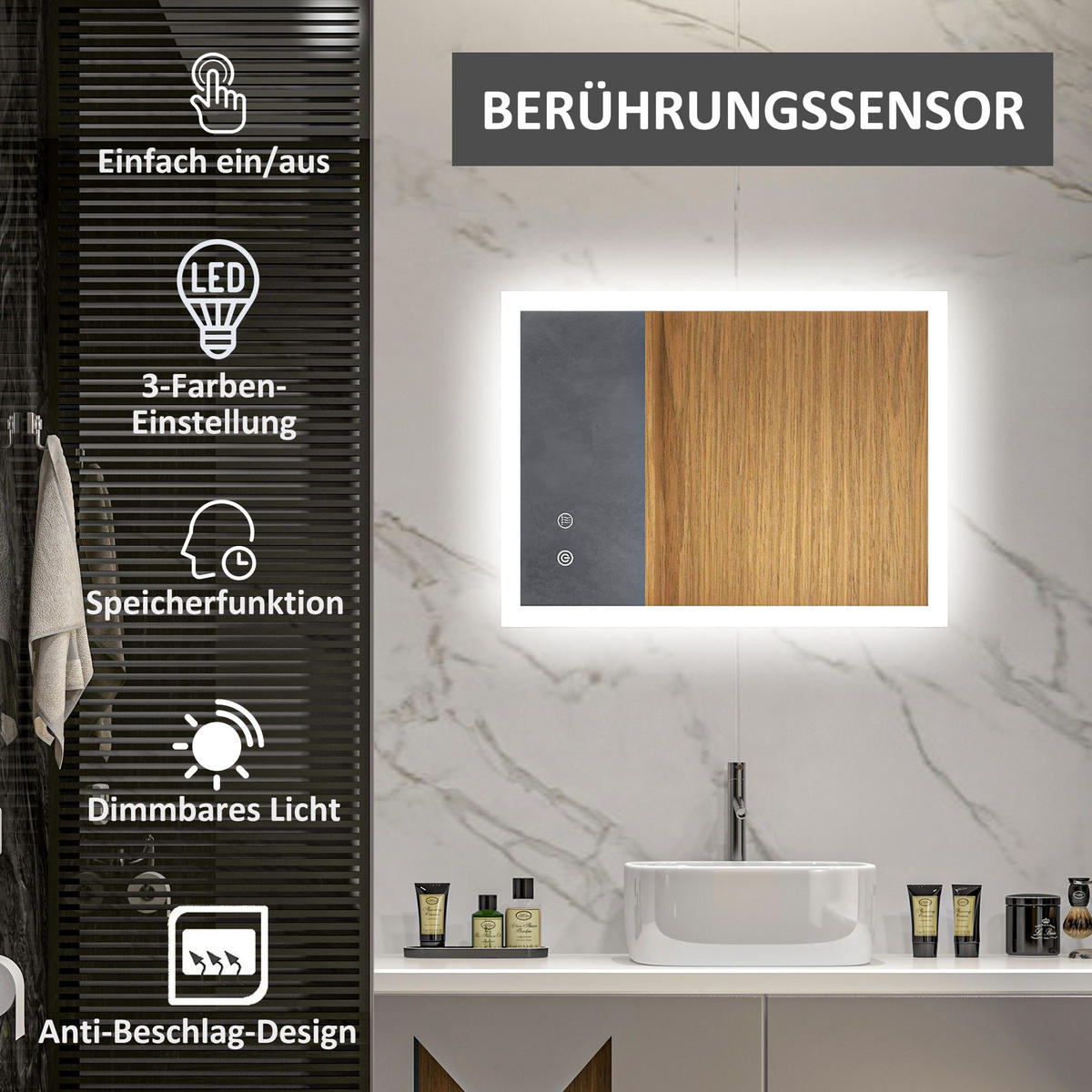 BADSPIEGEL, Badezimmerspiegel mit LED-Beleuchtung, Memory-Funktion, 80 x 60 cm - Silberfarben, Glas (60/3/80cm) - Kleankin