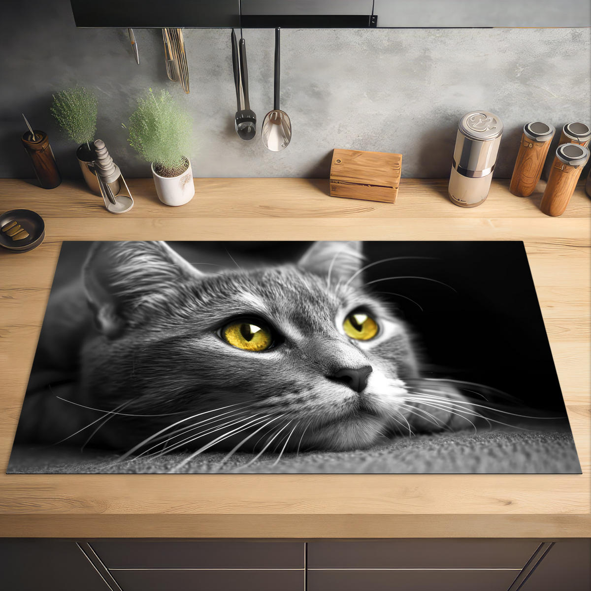 HERABDECKPLATTE - Katze - Grau - Tiere - Katze - 95x50 - Grau, Kunststoff (95/50/0.2cm) - MuchoWow
