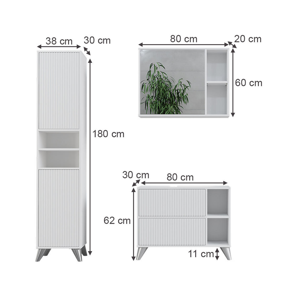 BADMÖBEL-SET Leano Weiß 80 cm, Set 3 - Weiß, Holzwerkstoff (80/62/30cm) - Vicco
