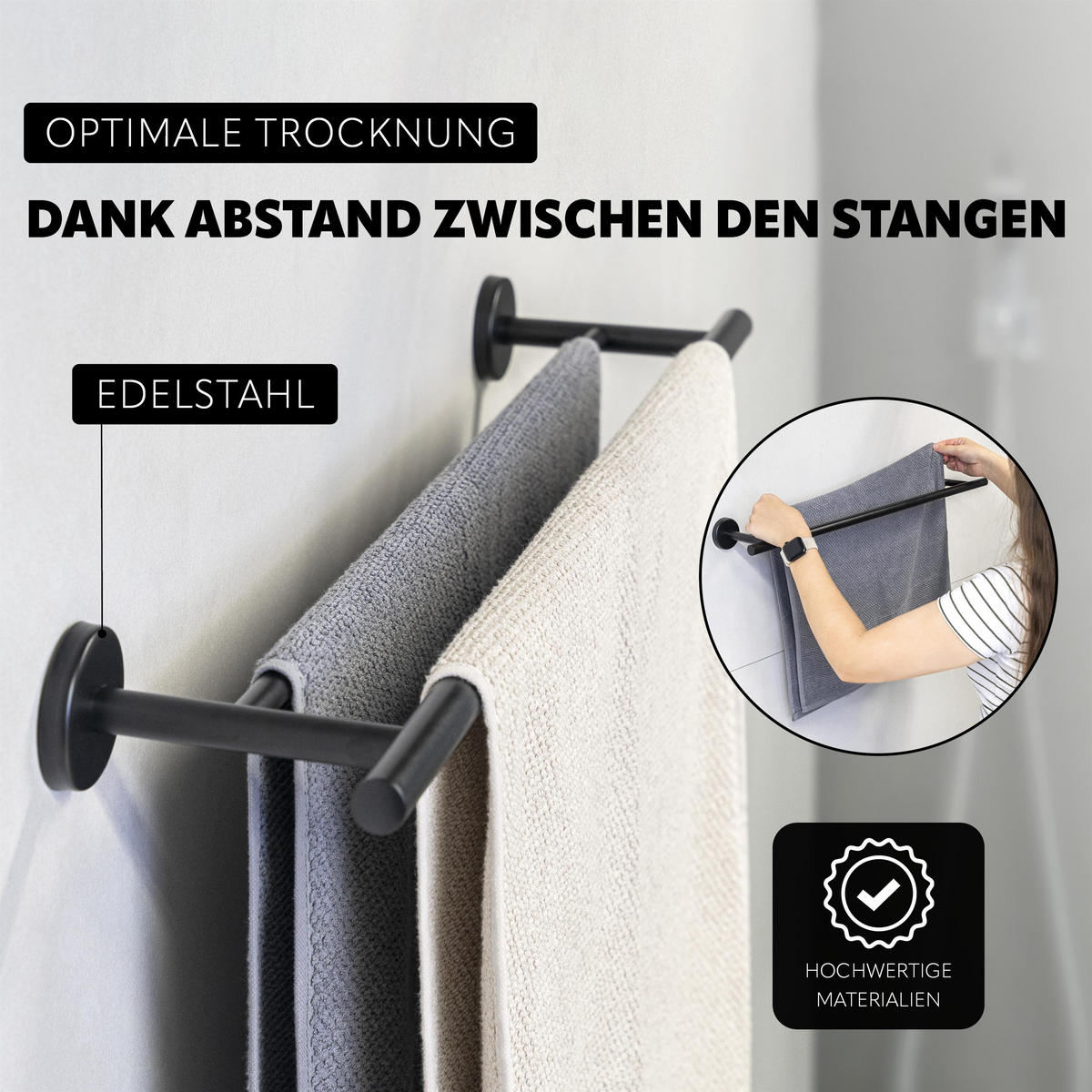 BADETUCHSTANGE PIAZZA BLACK, schwarz inkl. Klebeset - Schwarz, Metall (70/6/14cm) - bremermann