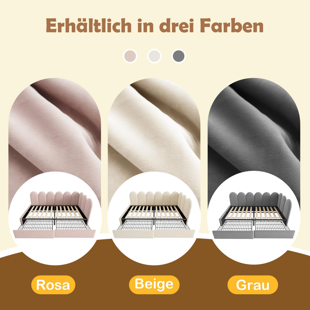 POLSTERBETT 90/200 cm mit 2 Schubladen, austauschbaren Seitenteilen und Samtbezug, Beige - Beige, Textil (90/200cm) - Redom