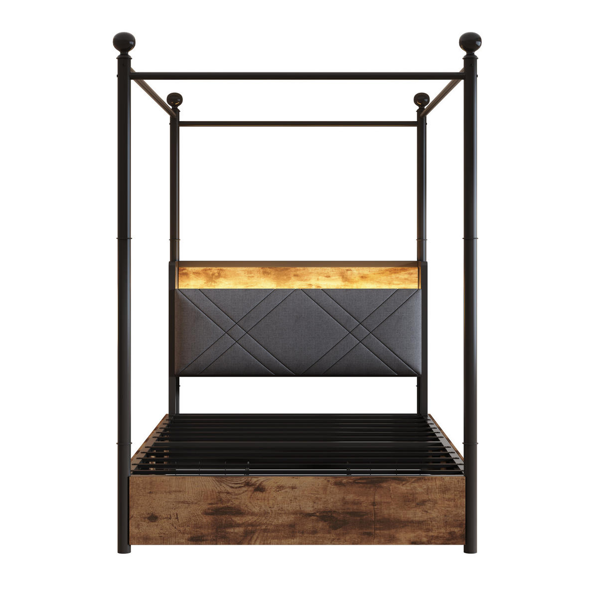 KOVOVÁ postel 90/190 cm s odnímatelným baldachýnem, LED osvětlením, USB a USB-C porty a úložným prostorem, Černá - černá, kov (90/190cm) - Redom
