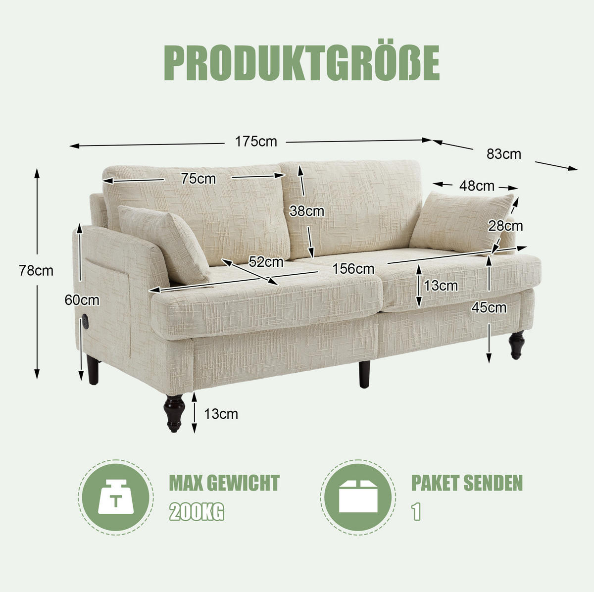 DVOJMÍSTNÁ pohovka 175/83/78 cm béžová z chenille s USB nabíjením, LED osvětlením a úložnou kapsou - béžová, textil (175/78/83cm) - OKWISH