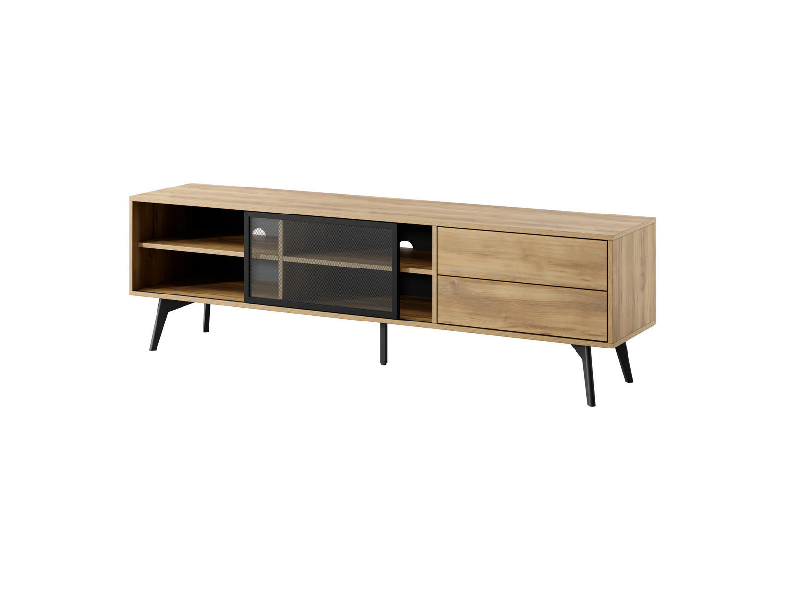 TV-LOWBOARD MOTTI 180 cm (Barock Eiche, Glas-Schiebetür, Push to Open, Schwarze Details) - Eichefarben/Schwarz, Glas/Holz (180/54/39cm) - Ravio