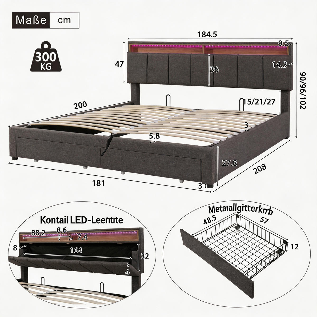 BETT 180x200 cm mit Stauraum, LED und 2 Schubladen, Lattenrost, Bettkasten, höhenverstellbares Kopfteil, Grau - Grau, Holz/Textil (180/200cm) - GENKI LIVING