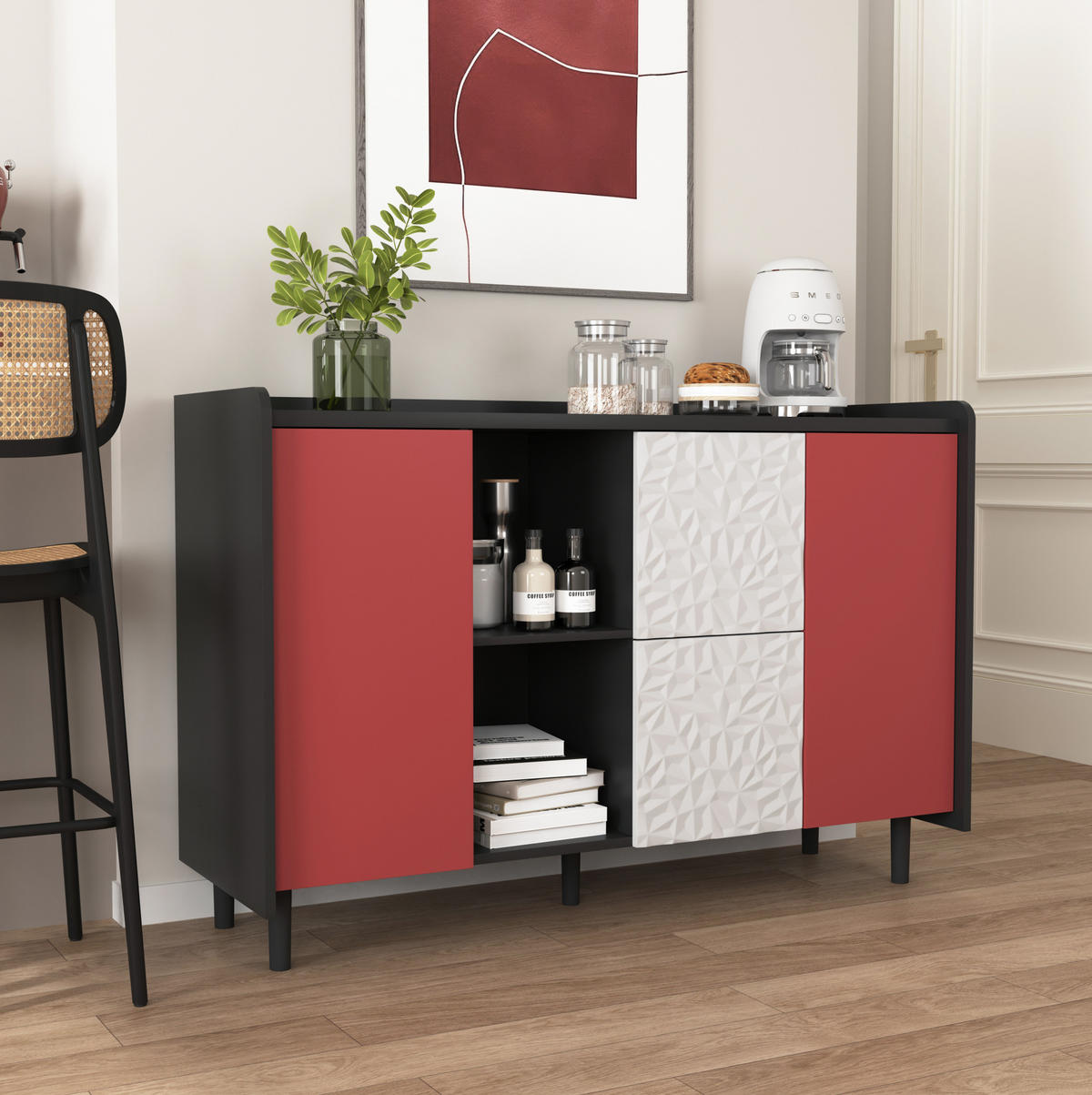 KOMODA 120/40/80 cm, MDF, černá/červená, s úložným prostorem a 2 zásuvkami - černá, kompozitní dřevo (120/80/40cm) - BEAOK