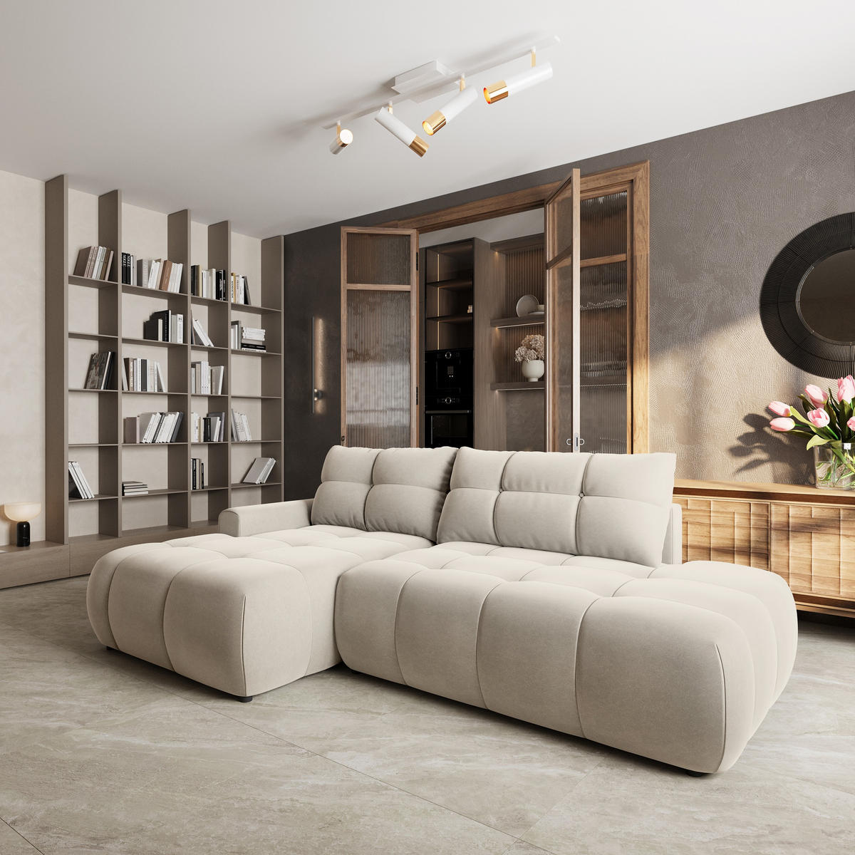 ECKSOFA FLUMA CL L-S Creme Samtstoff mit Schlaffunktion - Creme, Holzwerkstoff/Textil (279/158cm) - MASSENO