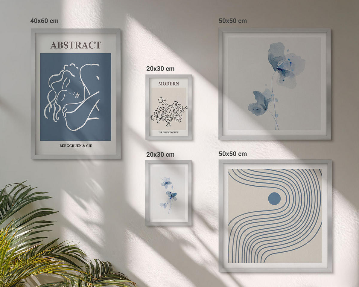 WANDBILDER 5er Set - 50x50 cm & 20x30 cm & 40x60 cm Silberner Rahmen - abstrakte Poster mit Blumenlinien - Silberfarben, Kunststoff (40/60cm) - ArtPrintCave