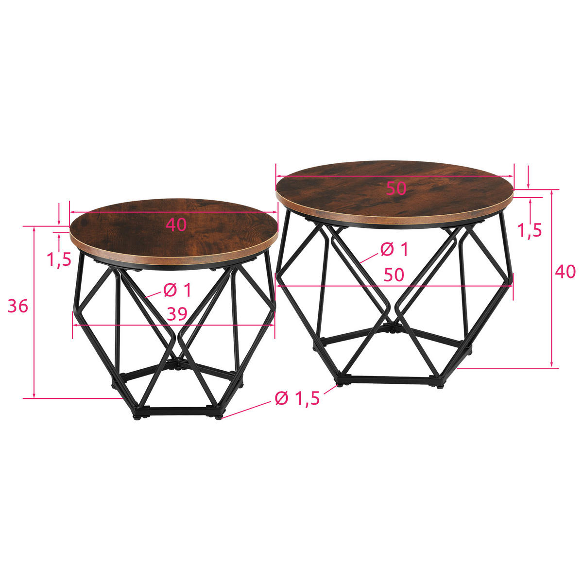 COUCHTISCH 2er Set Benham, mit höhenverstellbaren Kunststofffüßen, Industrial Holz dunkel, rustikal - Rostfarben, Holzwerkstoff (50/50/40cm) - tectake