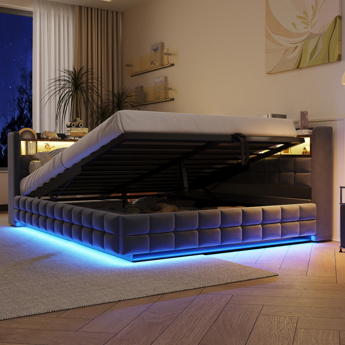 POLSTERBETT 140/200 cm aus Samt mit Stauraum, LED, USB, Grau - Grau, Textil (140/200cm) - OKMYHOME