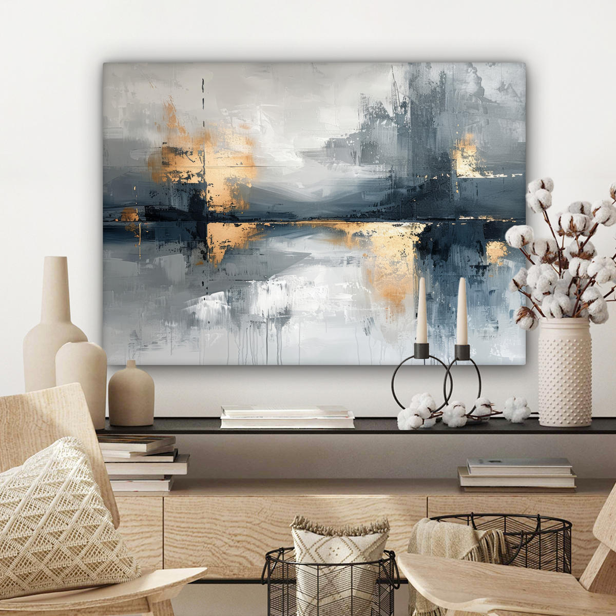 LEINWANDBILD Kunst - Grau - Gold - Abstrakt Wandbilder 80x60 cm - Dunkelgrau, Textil (80/60cm) - MuchoWow