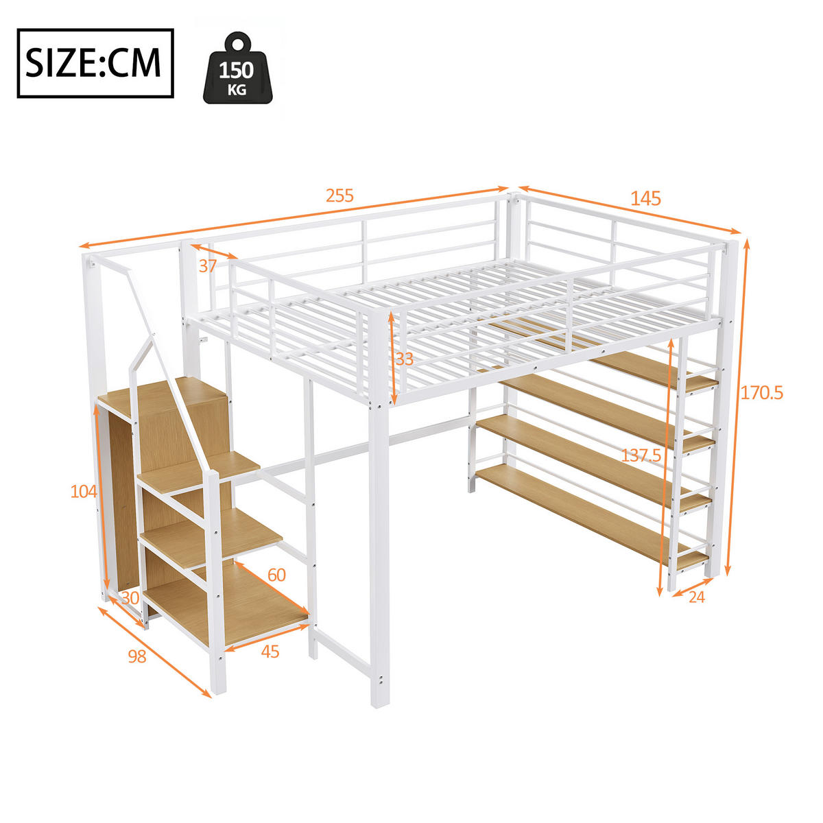 HOCHBETT 140/200 cm DE-01618, in Weiß, mit Sicherheitstreppe und Kleiderschrank - Weiß, Metall (140/200cm) - ComfortXL
