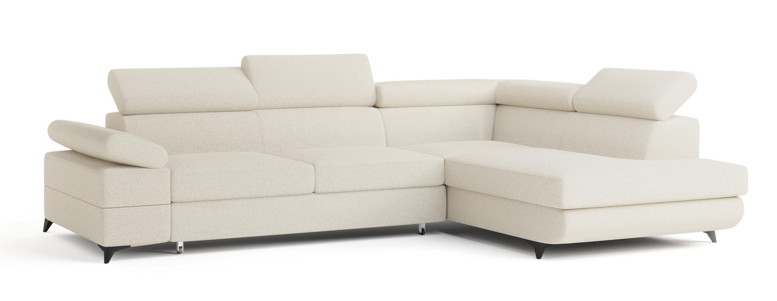 ECKSOFA FAVIEN R-S Creme Boucle-Stoff mit Schlaffunktion - Creme, Holz (257/190cm) - MASSENO