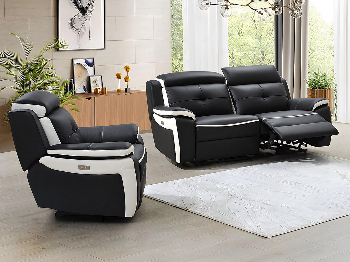 SOFAGARNITUR mit Relaxfunktion - -Sitzer - Leder - Schwarz, Weiß - - Schwarz, Leder (207/103/97cm) - Vente-Unique