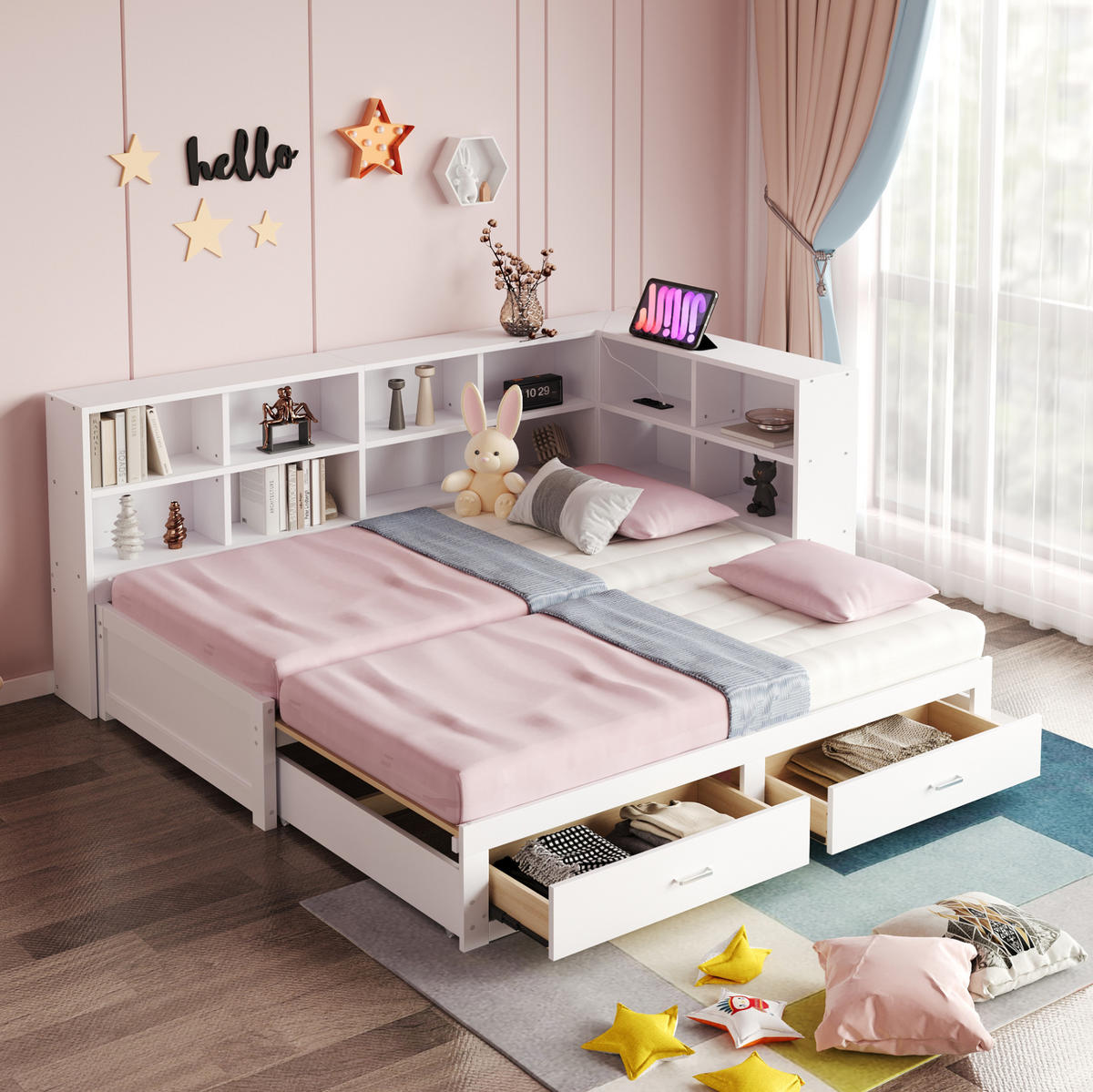 BETT 90/190 cm mit Ausziehbett, Stauraum & Lattenrost in Weiß - Weiß, Holzwerkstoff (90/190cm) - BEAOK