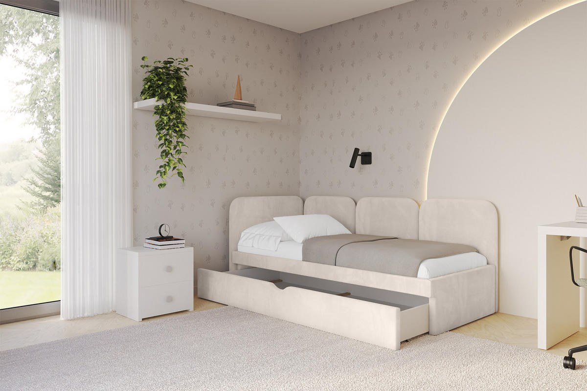 EINZELLBETT Jugendbett mit Bettkasten und Matratze H3/H4, Rechts - ALVY 90x200 Beige - Sandfarben, Holzwerkstoff/Textil (90/200cm) - ALTDECOR