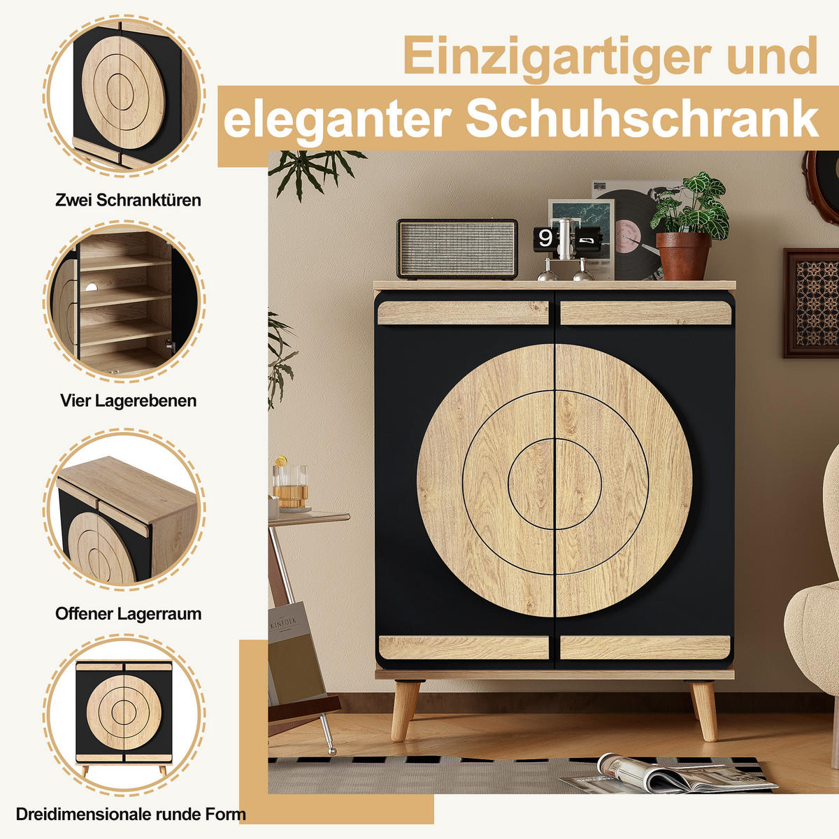 SCHUHSCHRANK Modern Runde Geometrische Türen Stauraum Holzbeine - Schwarz, Holzwerkstoff (37/98.5/76cm) - FLIEKS