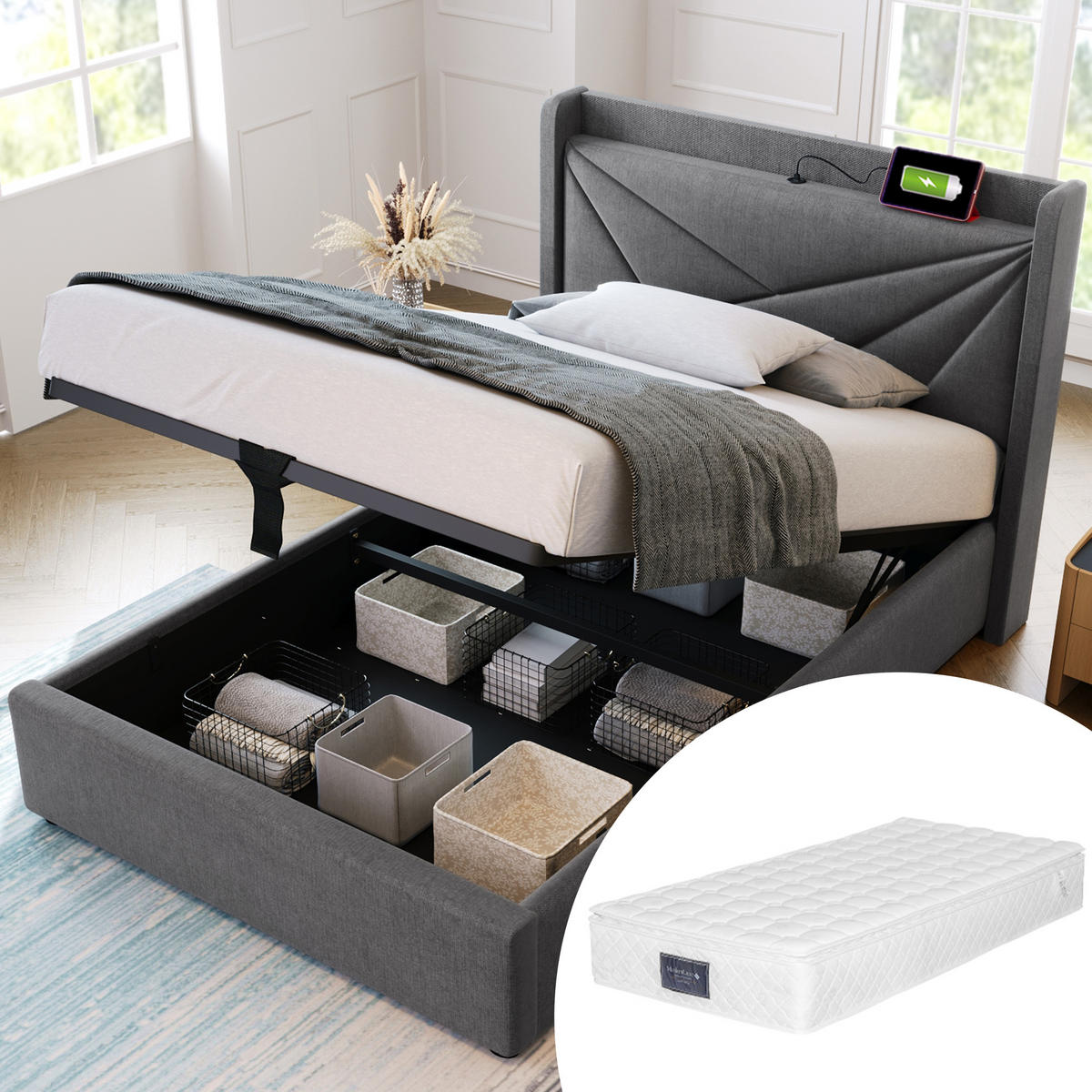 POLSTERBETT 90/200 cm grau mit Stauraum und USB-Typ-C-Ladefunktion - Grau, Textil (90/200cm) - OKWISH