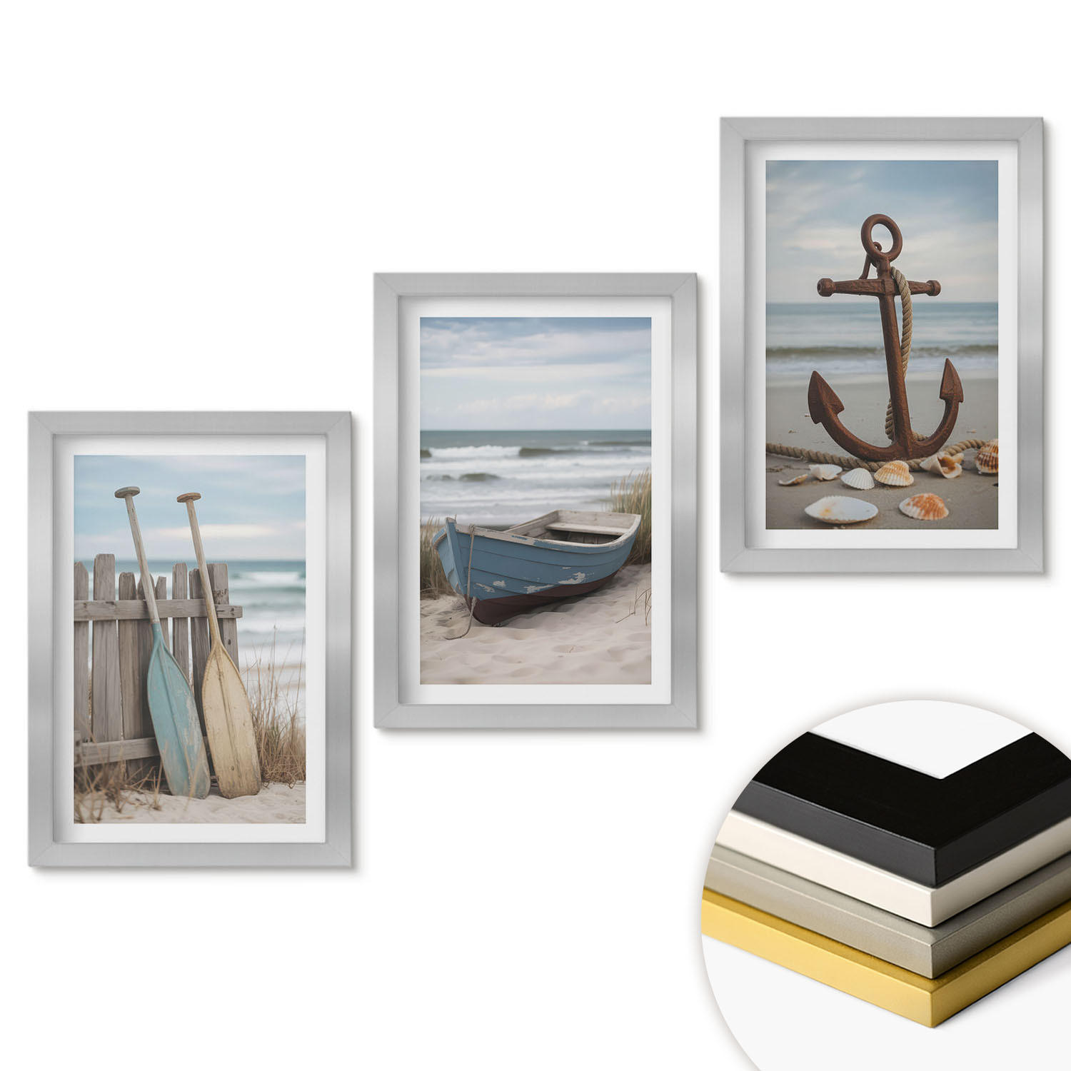 WANDBILDER 3er Set - 20x30 cm Silberner Rahmen - Strandbootanker Sand - Silberfarben, Kunststoff (20/30cm) - ArtPrintCave