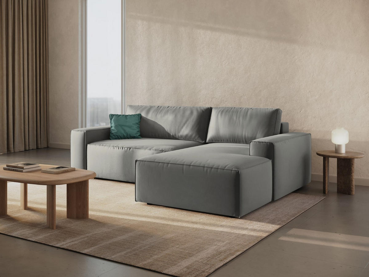 ECKSOFA ausklappbar rechts mit Container Jodie aus Samt hellgrau 3 Sitzplätze - Hellgrau, Textil (151/246cm) - Micadoni