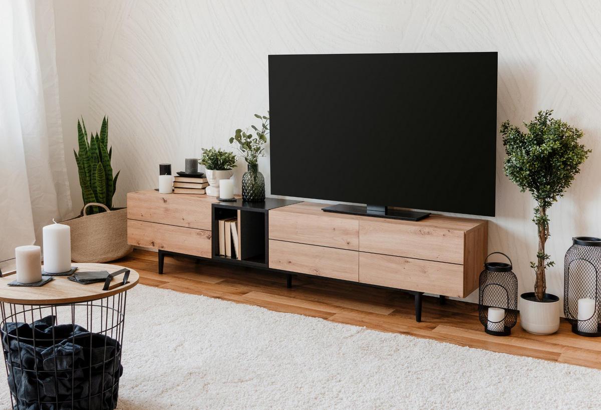 TV-LOWBOARD Eiche Artisan, schwarz 195 cm, TV-Unterteil mit viel Stauraum - Schwarz/Eiche Artisan, Holzwerkstoff (195/48/37cm) - Furn.Design