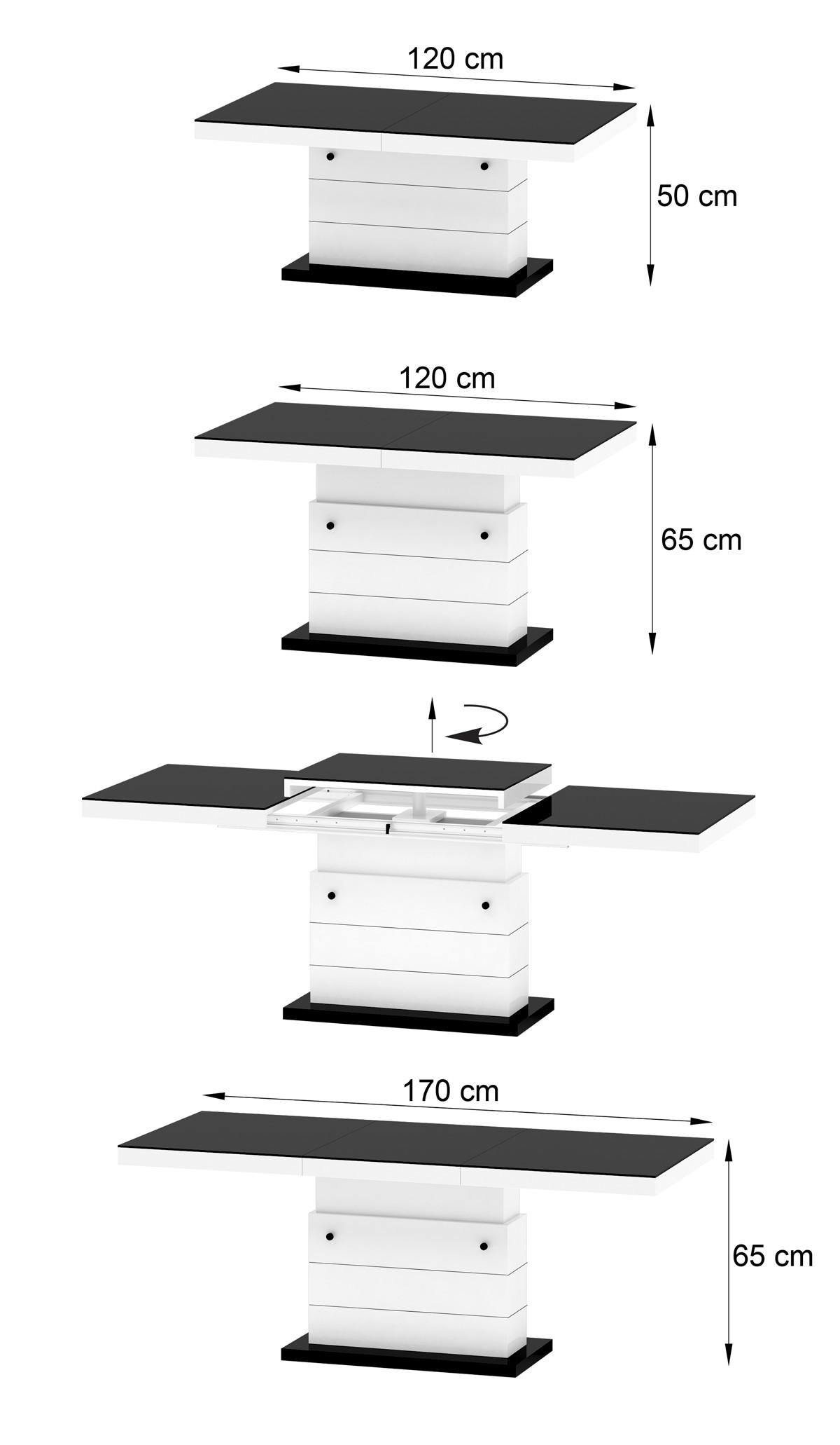 COUCHTISCH rechteckig Grau Weiß Hochglanz auziehbar höhenverstellbar 120/70/50 cm - Weiß Hochglanz/Grau, Holzwerkstoff (70/120/50cm)