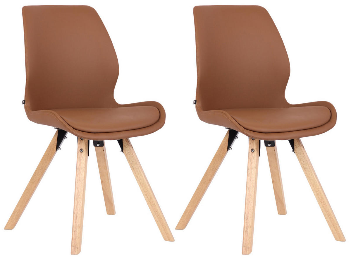 STUHL 2er Set Lederlook hellbraun - Hellbraun/Eukalyptusholzfarben, Holz/Textil (49/87.5/58cm) - CLP