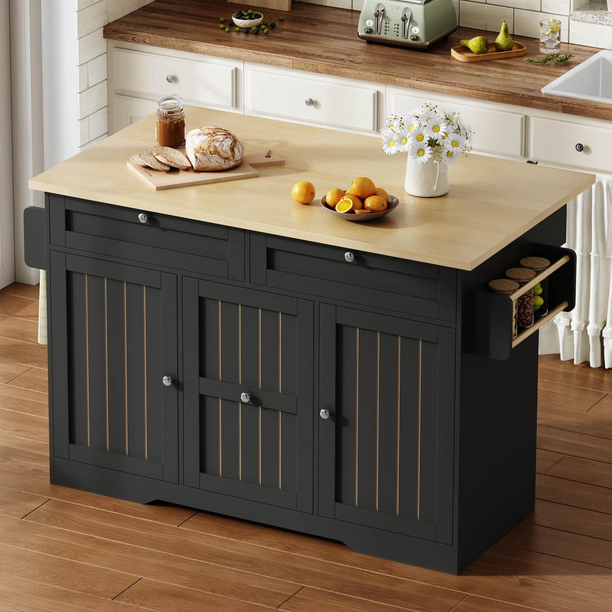 SERVIERWAGEN in Schwarz Kücheninsel mit klappbarer Arbeitsplatte und Schubladen, L120 × T45 (70) × H92 cm - Schwarz, Holzwerkstoff (137/92/70cm) - STILVORA