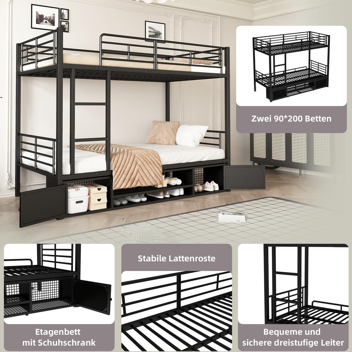ETAGENBETT 90/200 cm Schwarz aus Eisen mit Schuhablage und Sicherheitsgitter - Schwarz, Metall (90/200cm) - OKWISH