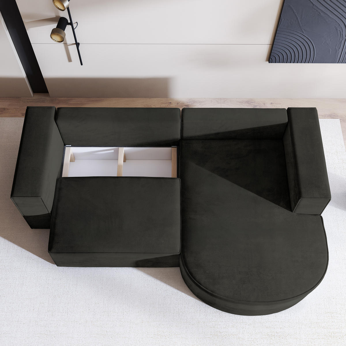 ECKSOFA SORELA M R-S Schwarz Velours-Stoff mit Schlaffunktion - Schwarz, Holz (263/174cm) - MASSENO