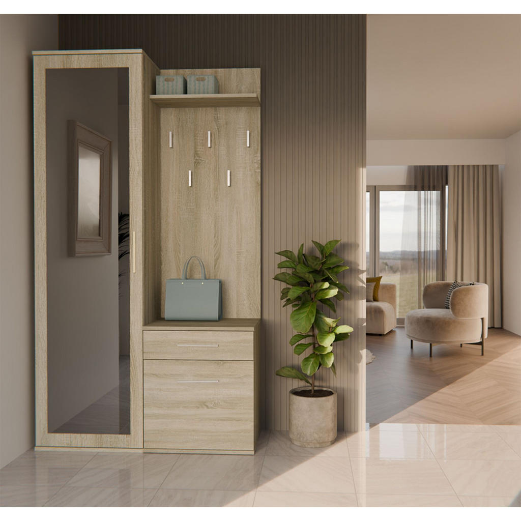 Thumbnail - Selsey Flurmöbel-Set, Sonoma Eiche, Kunststoff, 2 Fächer, 1 Schubladen, Rechteckig, 100x35x180 cm, Garderobe, Garderoben...