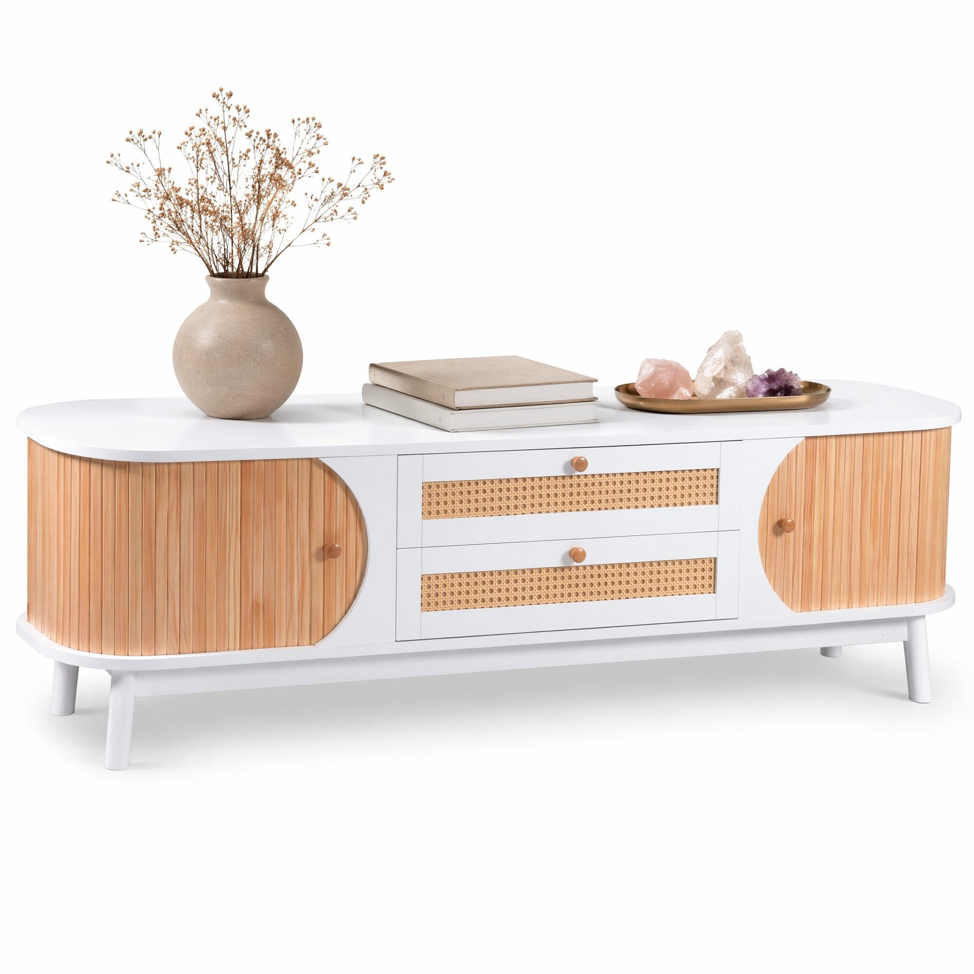 LOWBOARD in Weiß TV Schrank mit Türen, Schubladen ,Stauraum,und Rattanseiten für Wohnzimmer, B170/T39.5/H46cm - Weiß, Holzwerkstoff (170/46/39.5cm) - STILVORA
