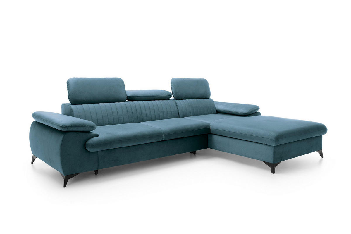 ECKSOFA FIORE Blau Velours-Stoff mit Schlaffunktion - Blau, Holz (280/193cm) - MASSENO