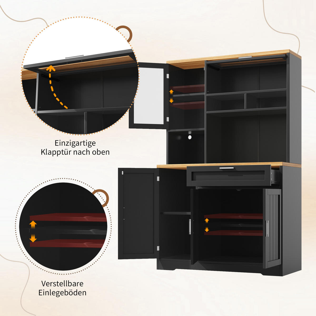 KÜCHENSCHRANK LED 104x40x180Cm Vitrine Weiß Schwarz - Schwarz, Metall (104/180/40cm) - FLIEKS