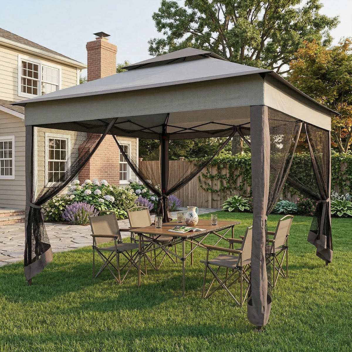 PAVILLON DE-07430 mit Seitenwänden und Insektenschutz Grau - Hellgrau, Textil/Metall (325/270/325cm) - ComfortXL