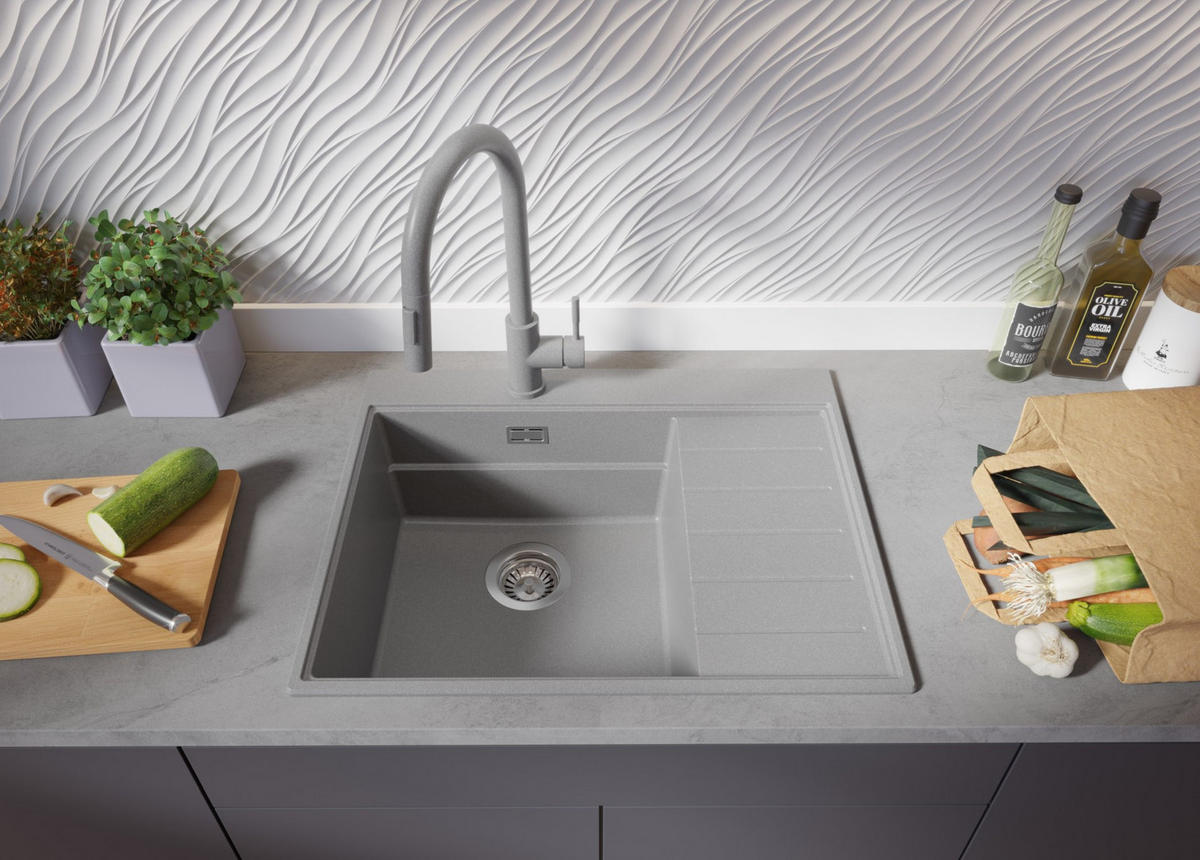 SPÜLBECKEN Sydney, 2-er set Grau 62/50 cm 1 Becken + Ablauf-Set + Küchenzubehörset ab 45er Unterschrank - Chromfarben/Beige, Kunststoff (62/20/50cm) - Primagran