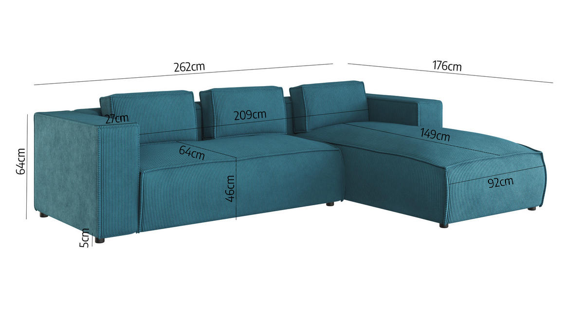 ECKSOFA Nova Türkis Cord, Ottomane rechts - Türkis/Schwarz, Holz/Kunststoff (262/176cm) - S-Style Möbel