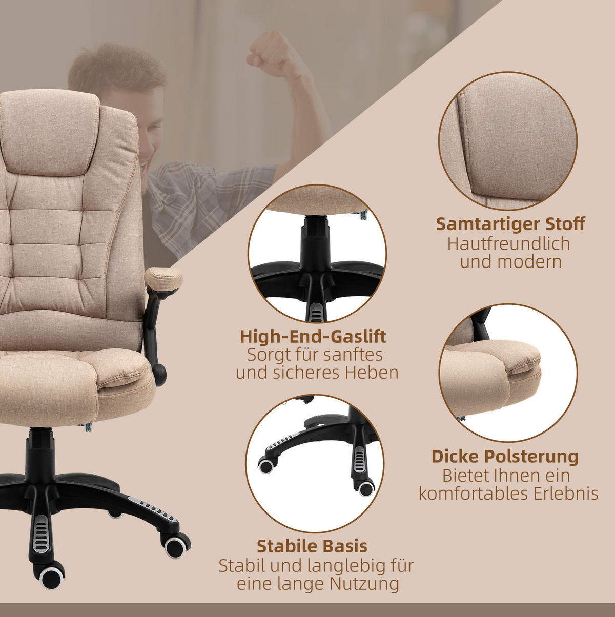 BÜROSTUHL in Braun 74x67x120 cm mit Massage- und Heizfunktion, höhenverstellbar - Braun, Textil (67/120/74cm) - IVMEU