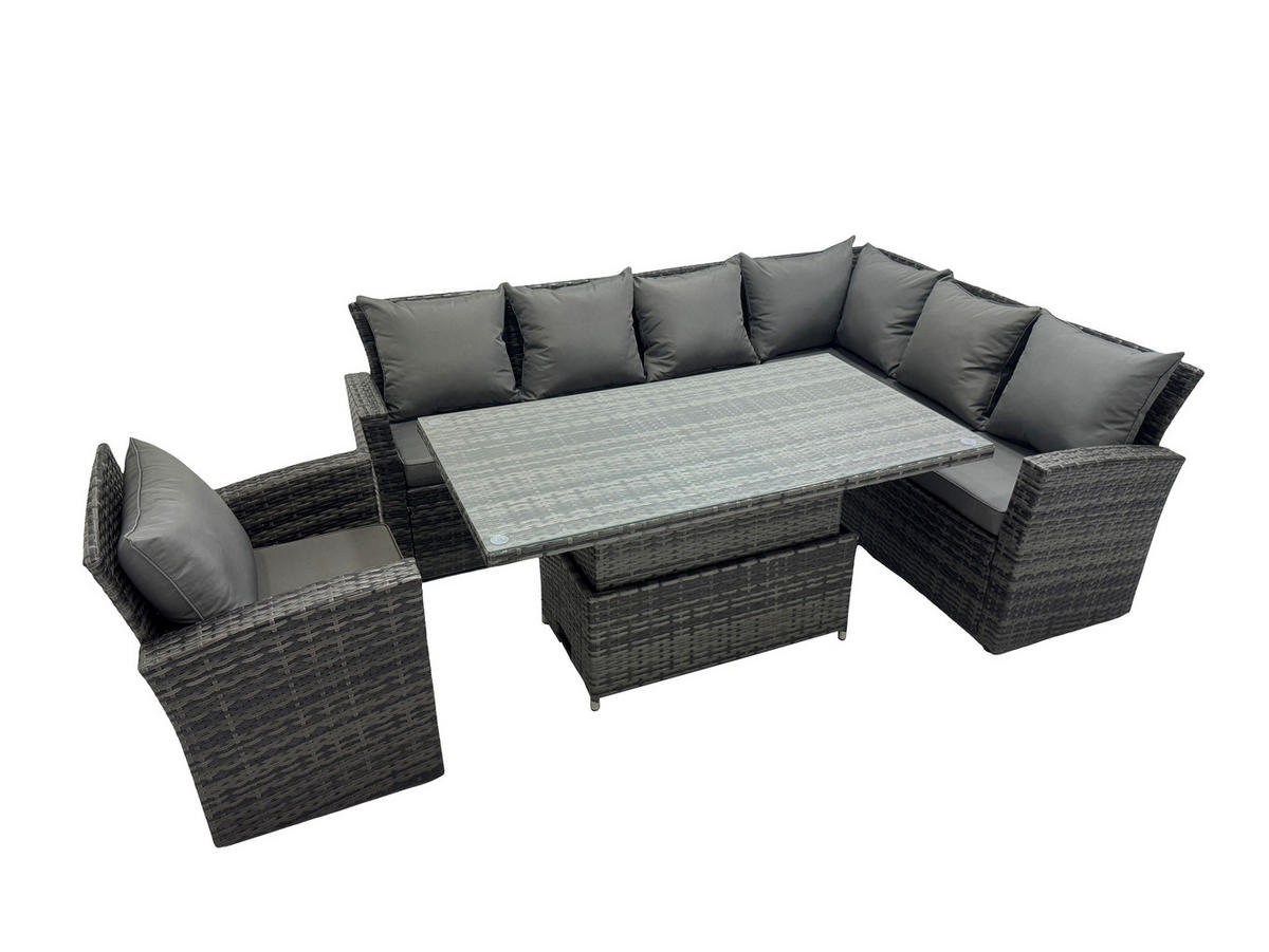 GARTENSET mit höhenverstellbarer Tisch Polyrattan 7-Sitzer - Dunkelgrau/Grau, Glas/Kunststoff - Fimous