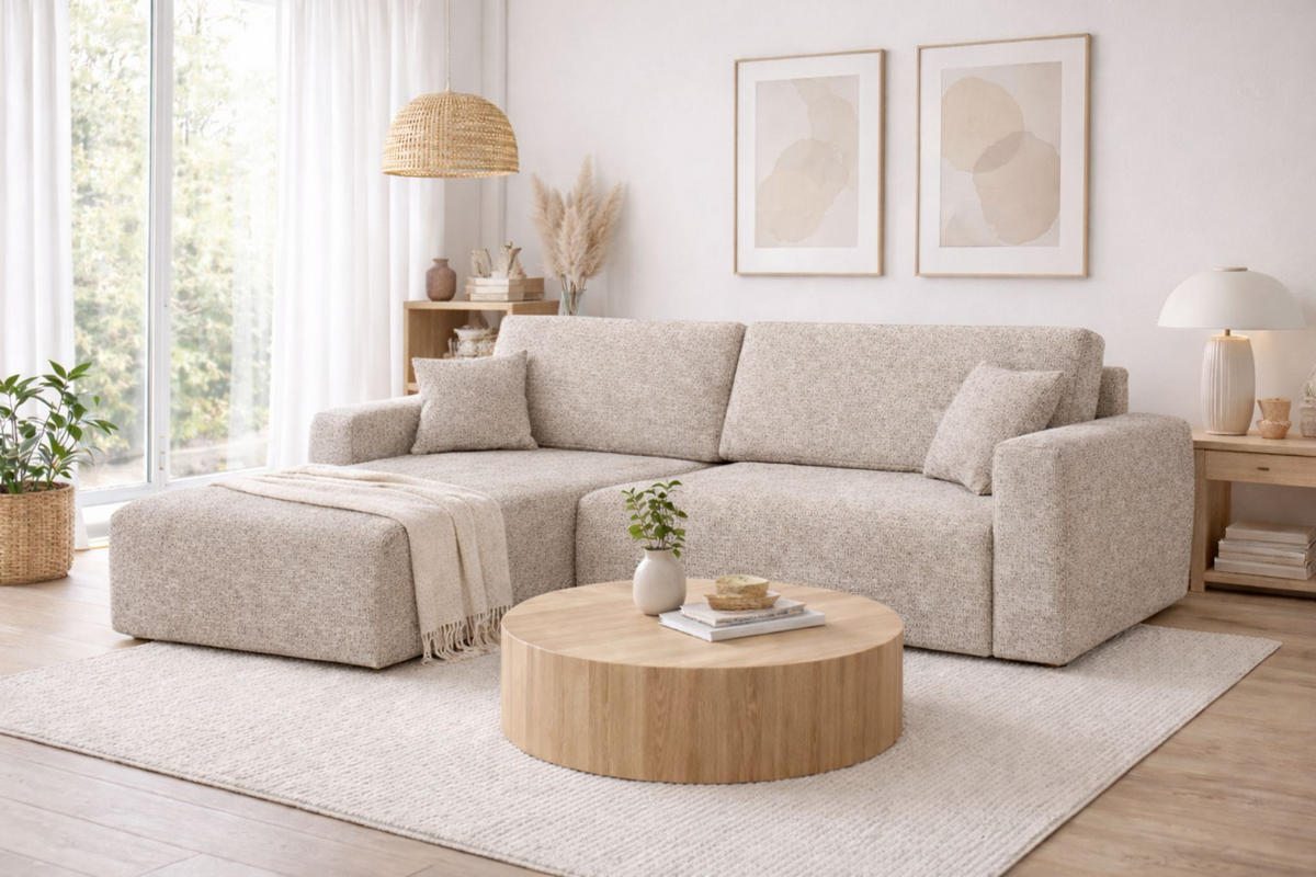 ECKSOFA Mit Schlaffunktion Ariel L, Chenille, Stoff Artico, Beige, Links - Creme, Holz (250/142cm) - Kaiser Möbel