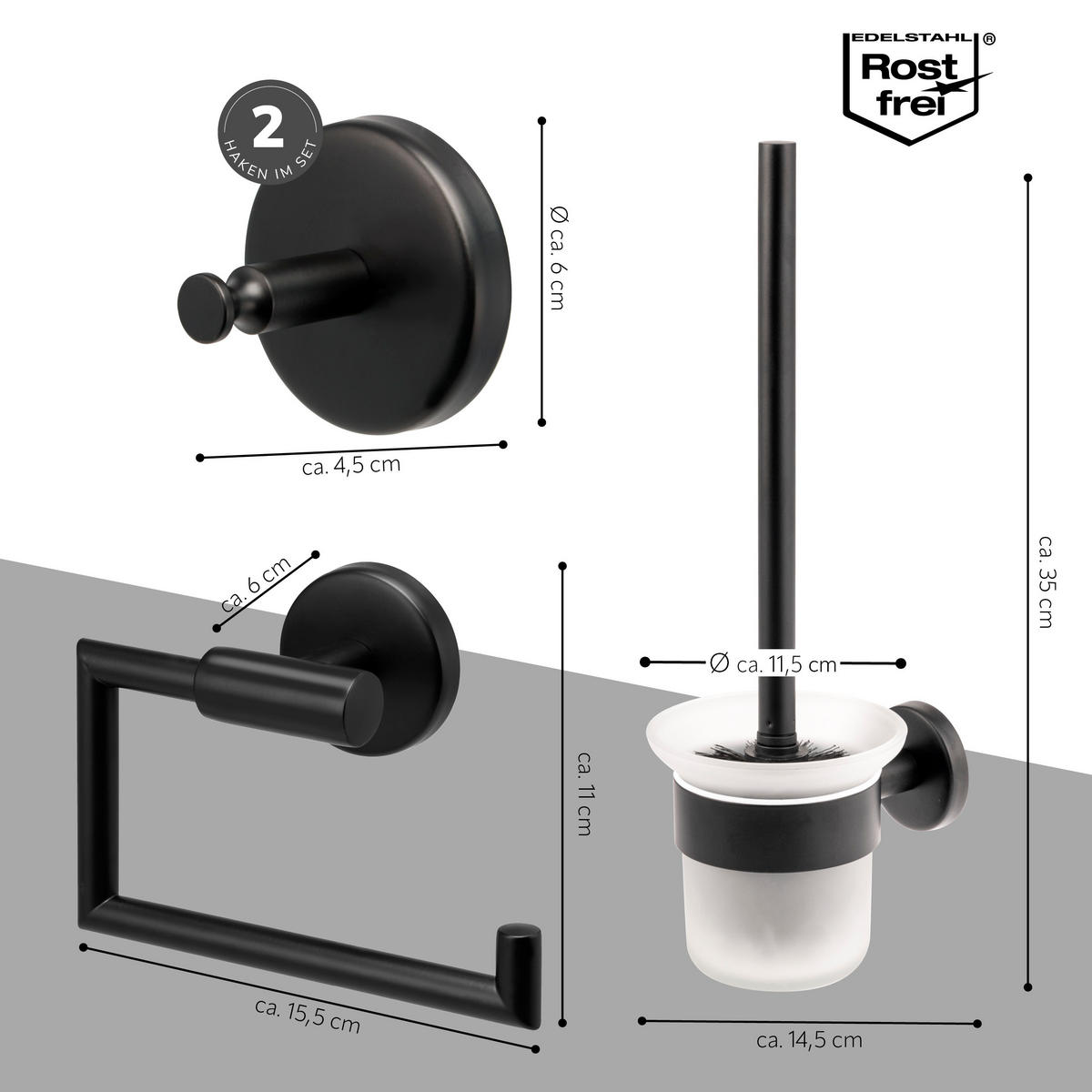 BADEZIMMER-ZUBEHÖR-SET PIAZZA BLACK 3tlg, Edelstahl, schwarz - Schwarz, Metall (14.5/35/11cm) - bremermann
