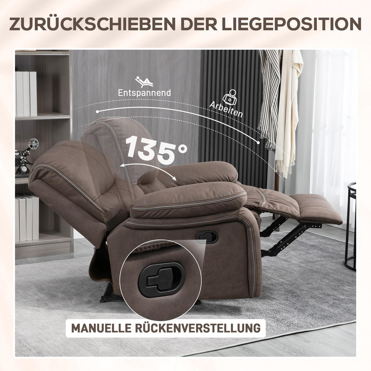 RELAXSESSEL, Fernsehsessel mit Liegefunktion, Fußteil für Wohnzimmer, Braun - Braun, Kunststoff (90/96/97cm) - HOMCOM