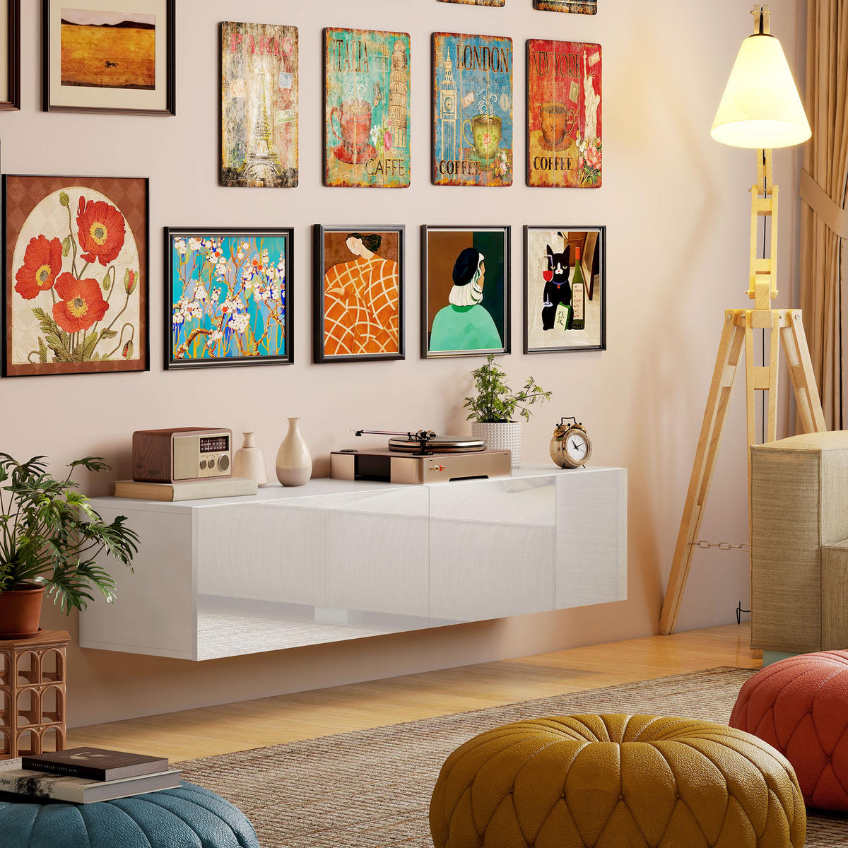 TV Schrank hängend 140 cm TV Board für Fernseher bis zu 65 Zoll mit Stauraum - Weiß, Holzwerkstoff (33/29.8/140cm) - HOMCOM