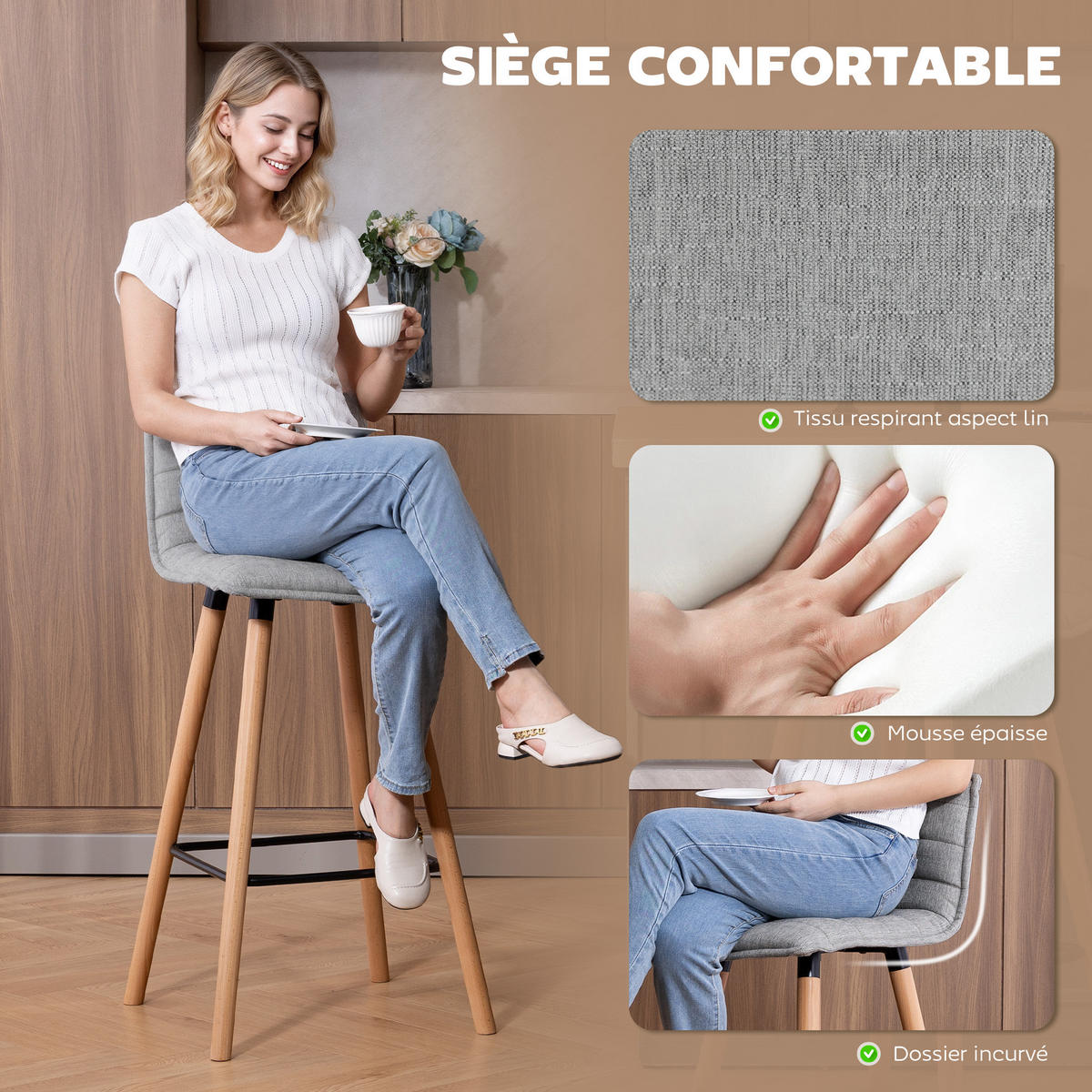 BARHOCKER 2er-Set DE-14800 gepolstert mit Rückenlehne & Fußstütze Grau - Grau, Holzwerkstoff (48/99.5/48cm) - ComfortXL