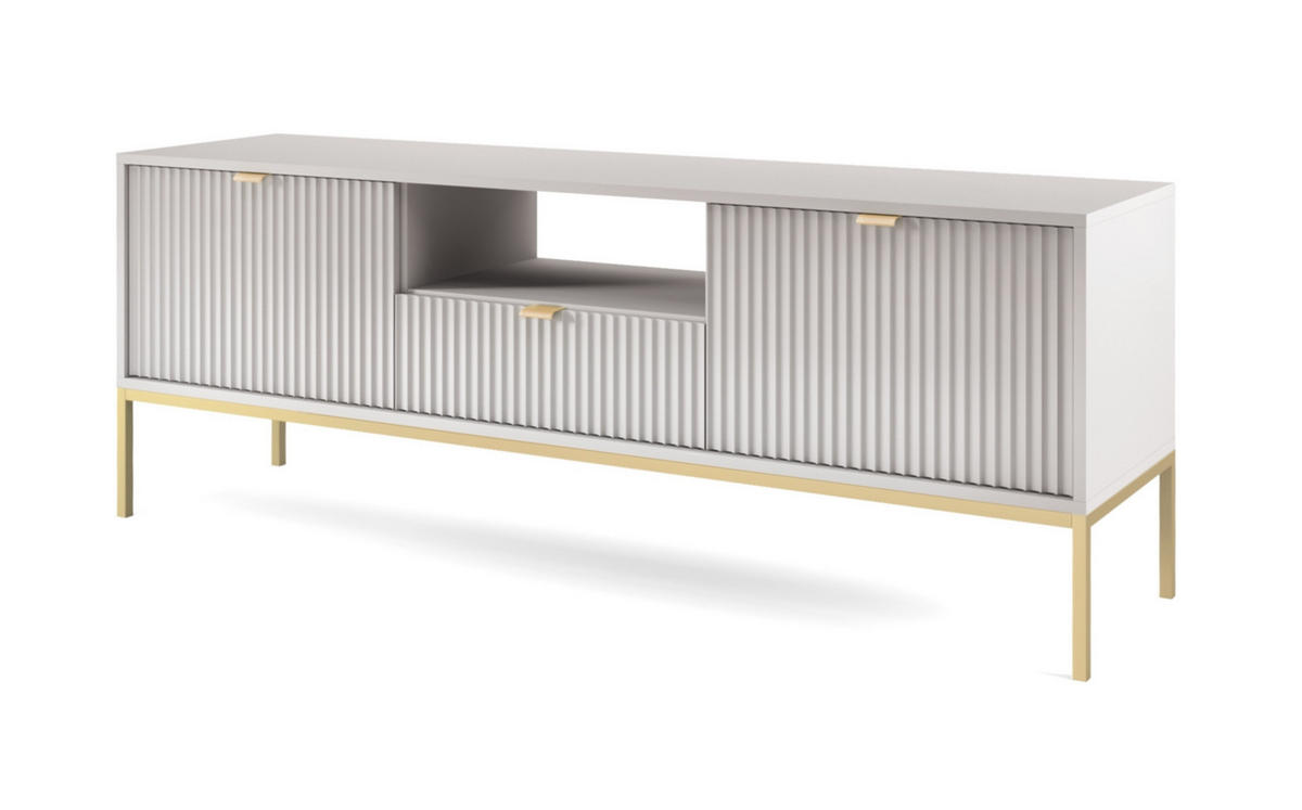 LOWBOARD Eternas 2T 1S Grau 154/56/39 cm – goldene Füße, mit geriffelten Fronten und offener Ablage - Goldfarben/Grau, Holzwerkstoff (154/56/39cm) - AX Living