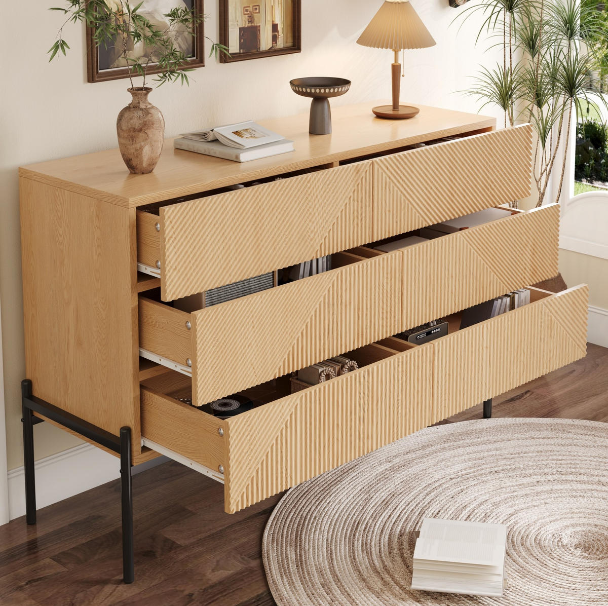 SIDEBOARD 115,5/38/75 cm mit 6 Schubladen in Natur mit 3D-Struktur - Naturfarben, Holzwerkstoff (115.5/75/38cm) - BEAOK