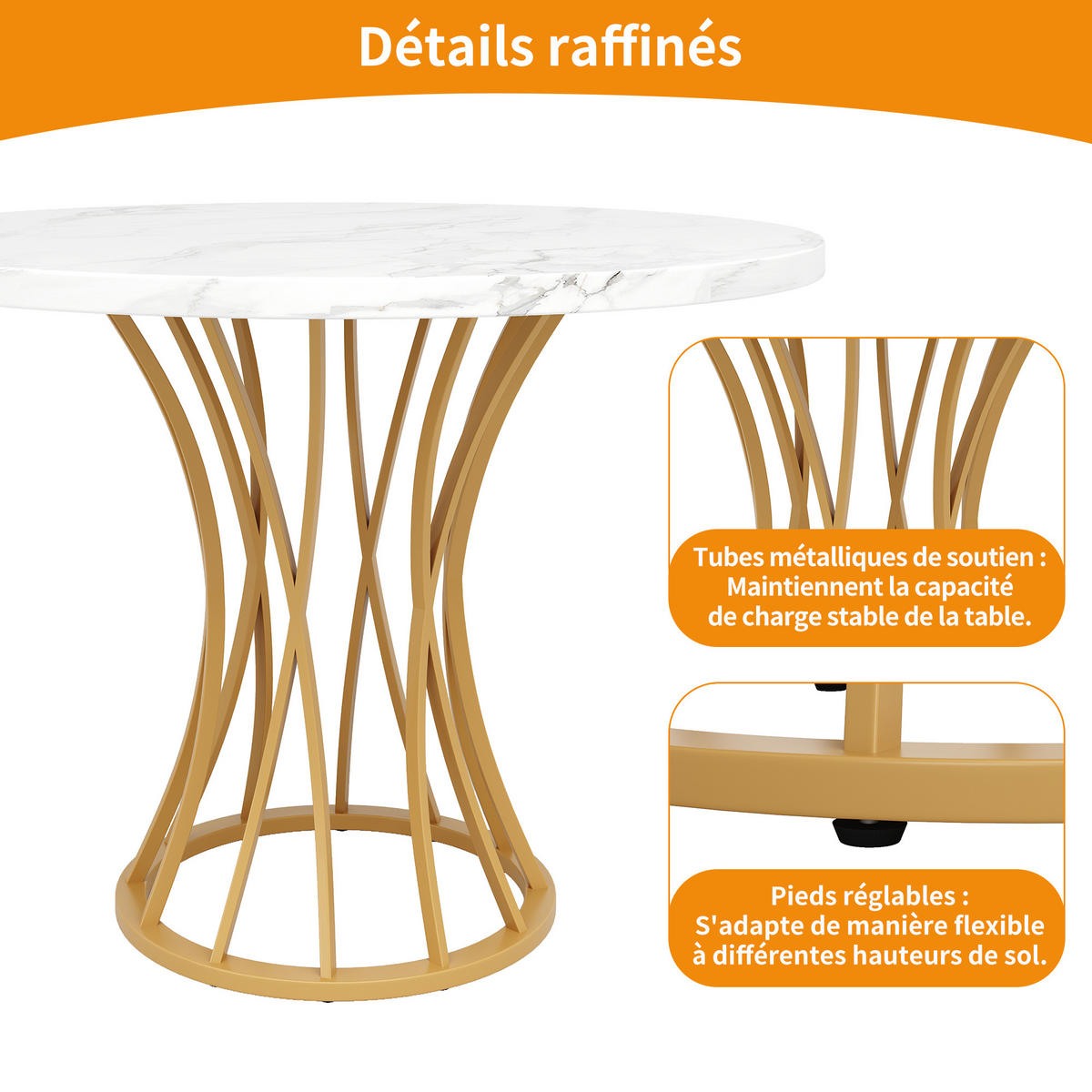 ESSTISCH 80/80/76 cm marmoriert in Gold mit verstellbaren Metallbeinen - Weiß, Holzwerkstoff (80/80/76cm) - OKWISH